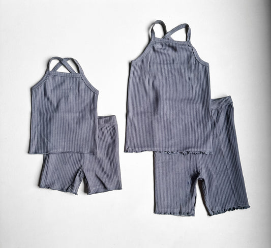 Lettuce Hem Tank & Bike Short Set - Chalky Charcoal