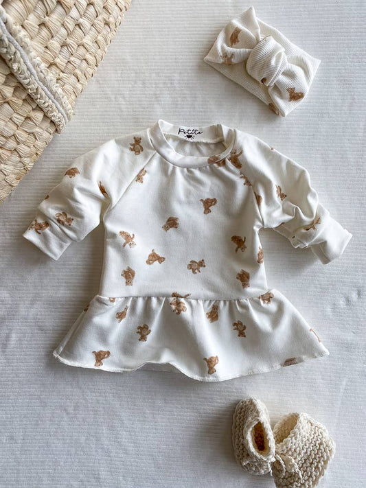 Baby ruffle dress in Teddy Bear